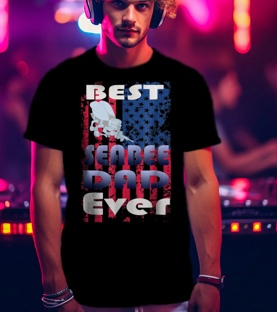 Best Seabee Dad Ever American Flag Bee Mascot T-Shirt