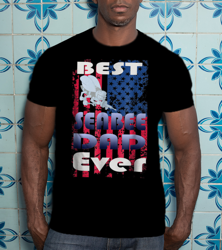 Best Seabee Dad Ever American Flag Bee Mascot T-Shirt