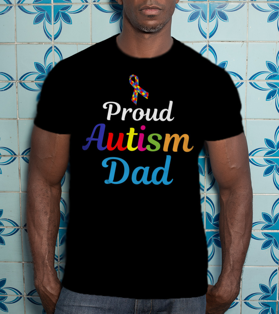 Proud Autism Dad Colorful Puzzle Ribbon Support Grandpa Papa T-Shirt