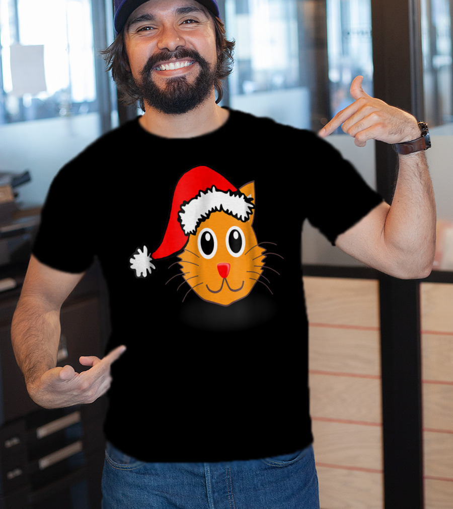 Cat Lover Grandma Kid Grandpa39 Santa Hat Cat Face T-Shirt