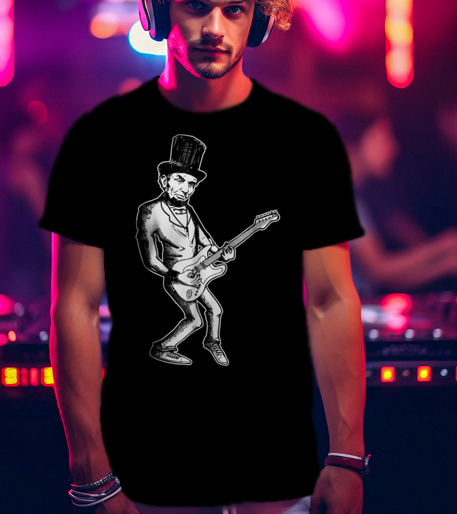 Abraham Lincoln Guitar Dad Rock Star With Top Hat And Electric Guitar T-Shirt