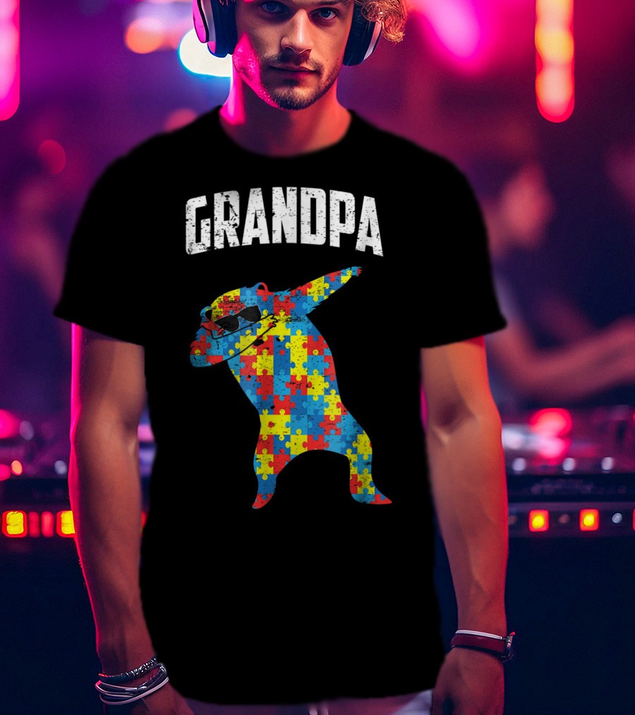 Grandpa Autism Bear Dabbing Puzzle Glasses T-Shirt