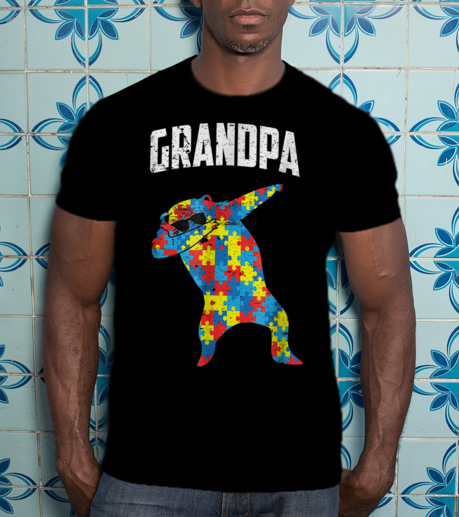 Grandpa Autism Bear Dabbing Puzzle Glasses T-Shirt
