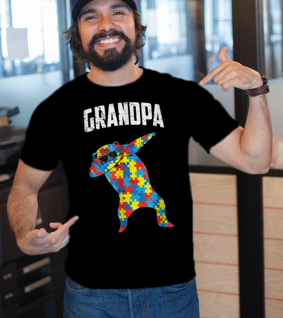 Grandpa Autism Bear Dabbing Puzzle Glasses T-Shirt