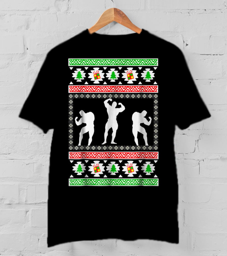 Bodybuilding Christmas Silhouette Trees And Gifts T-Shirt
