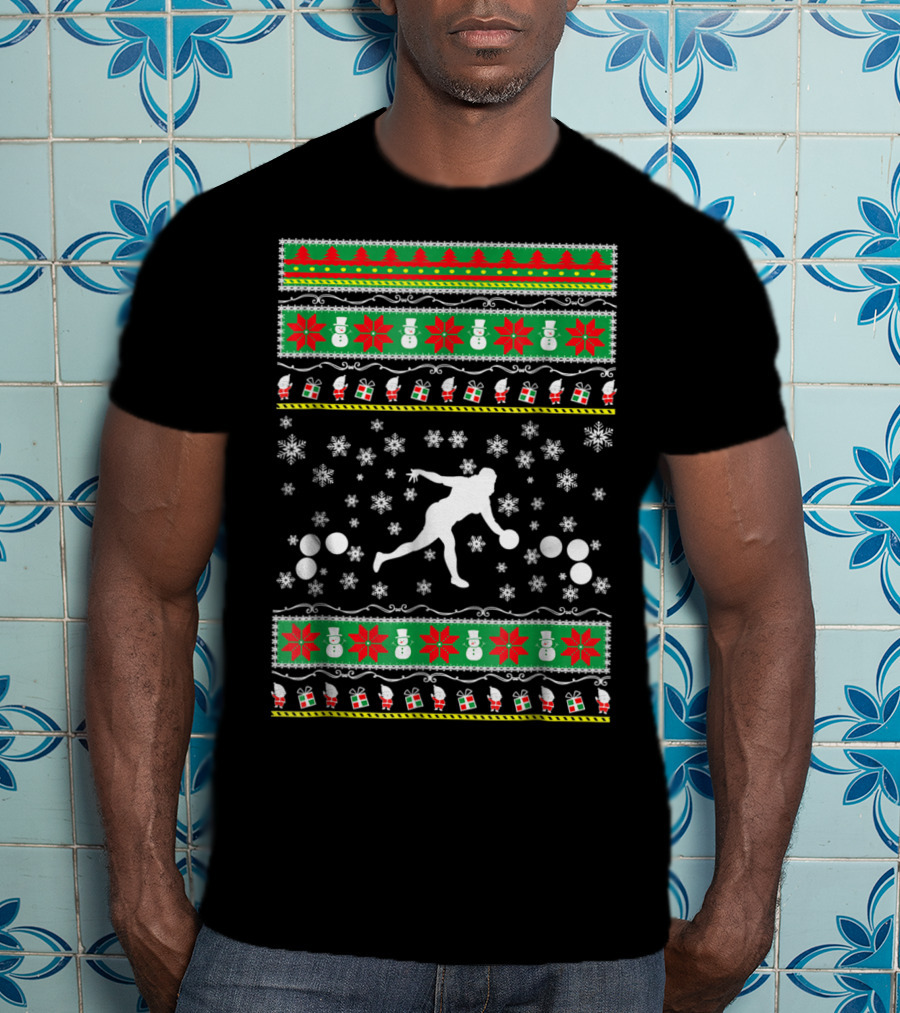 Bocce Ball Ugly Christmas Sweater Themed Dad25 Holiday Snowflakes And Presents T-Shirt