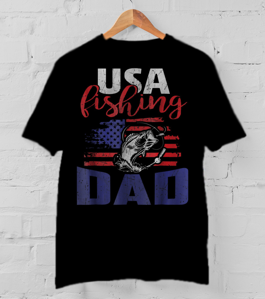 USA Fishing Dad American Flag Bass Fish T-Shirt