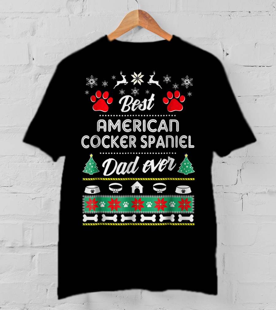 Best American Cocker Spaniel Dad Ever Christmas Pawprints Snowflakes Bones T-Shirt
