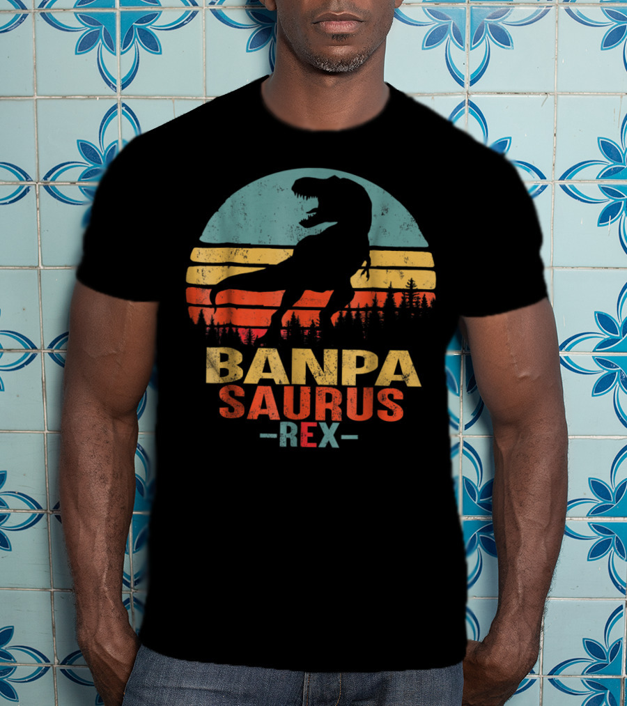 Banpasaurus Rex Dinosaur Men Dad21 Retro Sunset T-Shirt