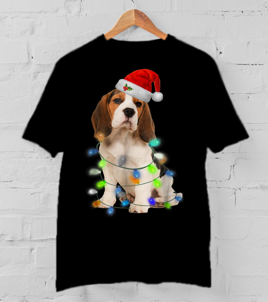 Beagle Wrapped In Christmas Lights With Santa Hat For Mom Women Girl T-Shirt