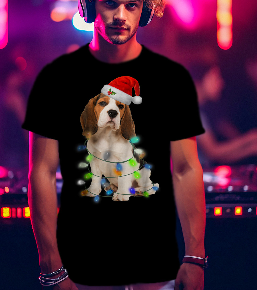 Beagle Wrapped In Christmas Lights With Santa Hat For Mom Women Girl T-Shirt