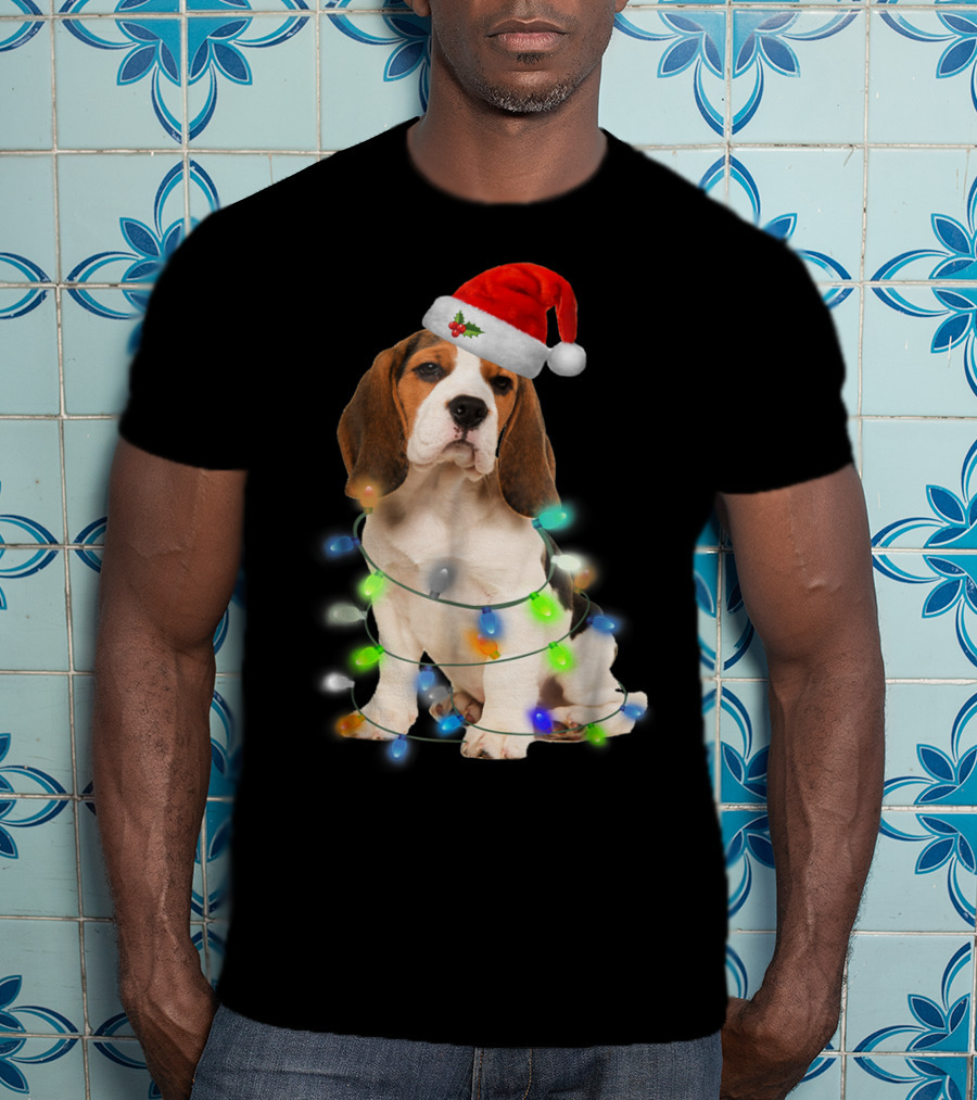 Beagle Wrapped In Christmas Lights With Santa Hat For Mom Women Girl T-Shirt