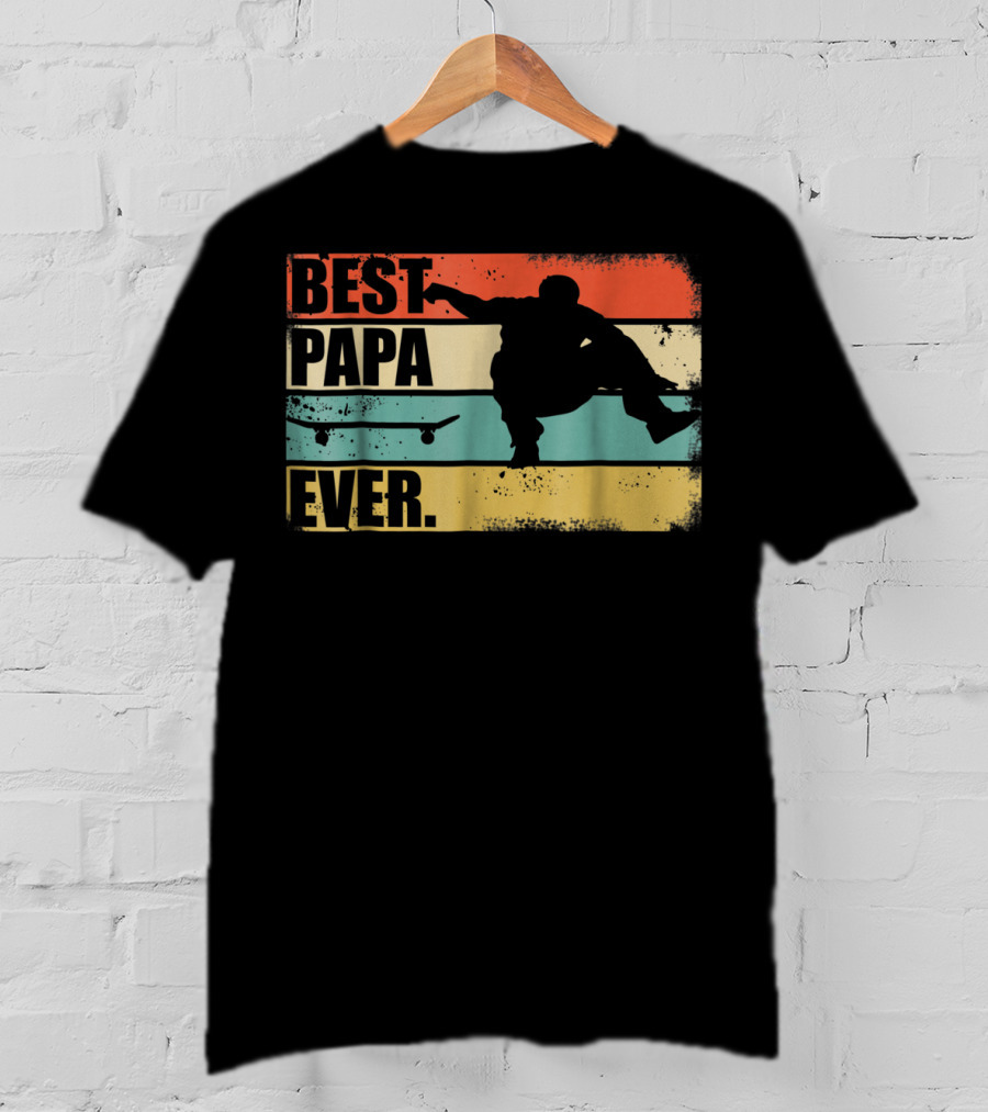 Best Papa Ever Skateboarder Silhouette Retro Stripes T-Shirt