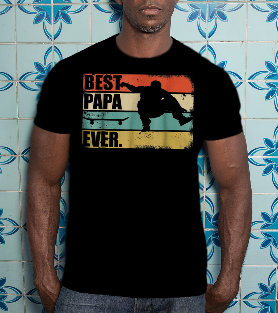 Best Papa Ever Skateboarder Silhouette Retro Stripes T-Shirt