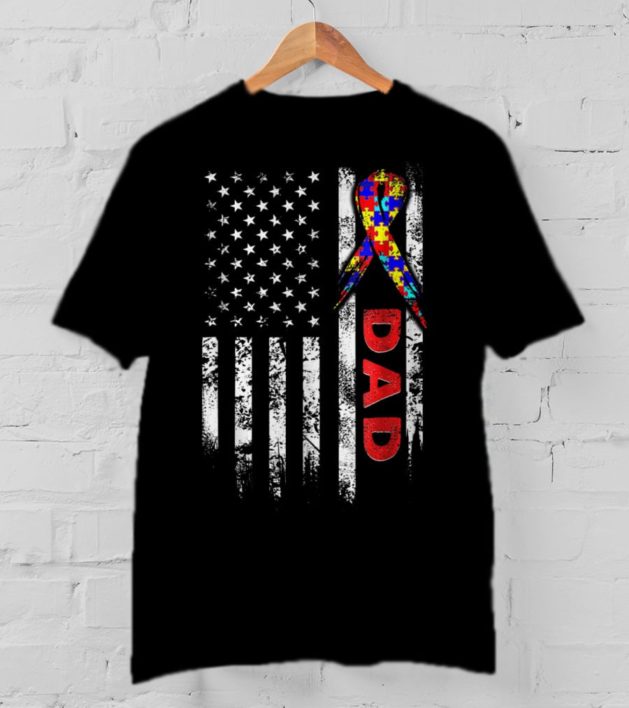 Autism Awareness American Flag Dad Ribbon Puzzle T-Shirt
