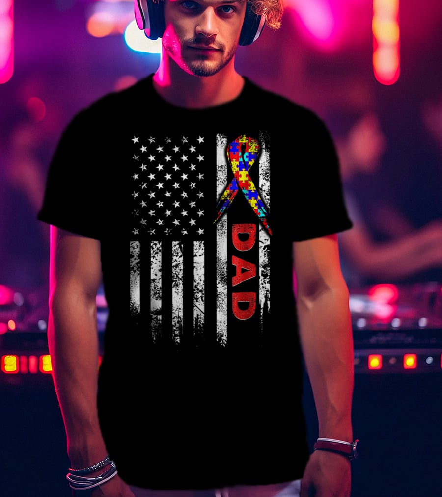 Autism Awareness American Flag Dad Ribbon Puzzle T-Shirt