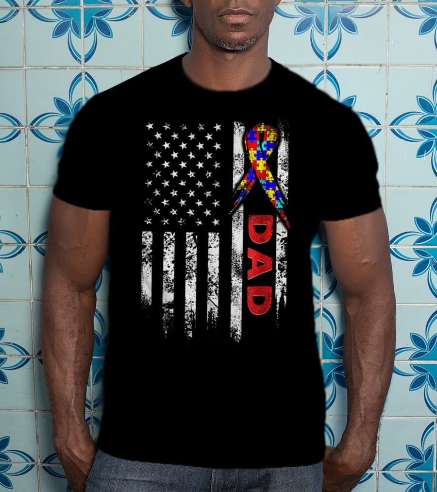 Autism Awareness American Flag Dad Ribbon Puzzle T-Shirt