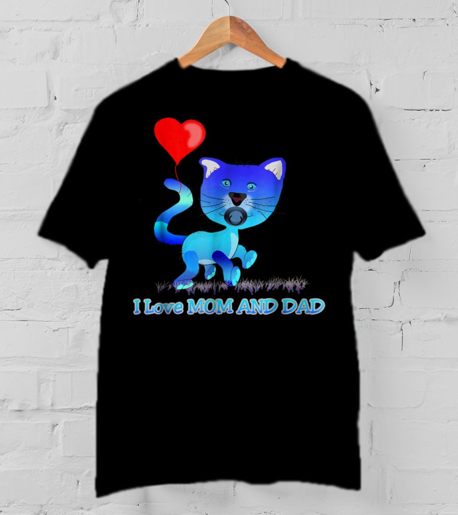 I Love Mom And Dad Cat With Heart Balloon Dummy Boy Kids Teens T-Shirt