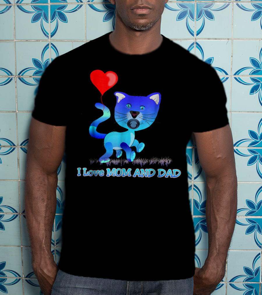 I Love Mom And Dad Cat With Heart Balloon Dummy Boy Kids Teens T-Shirt