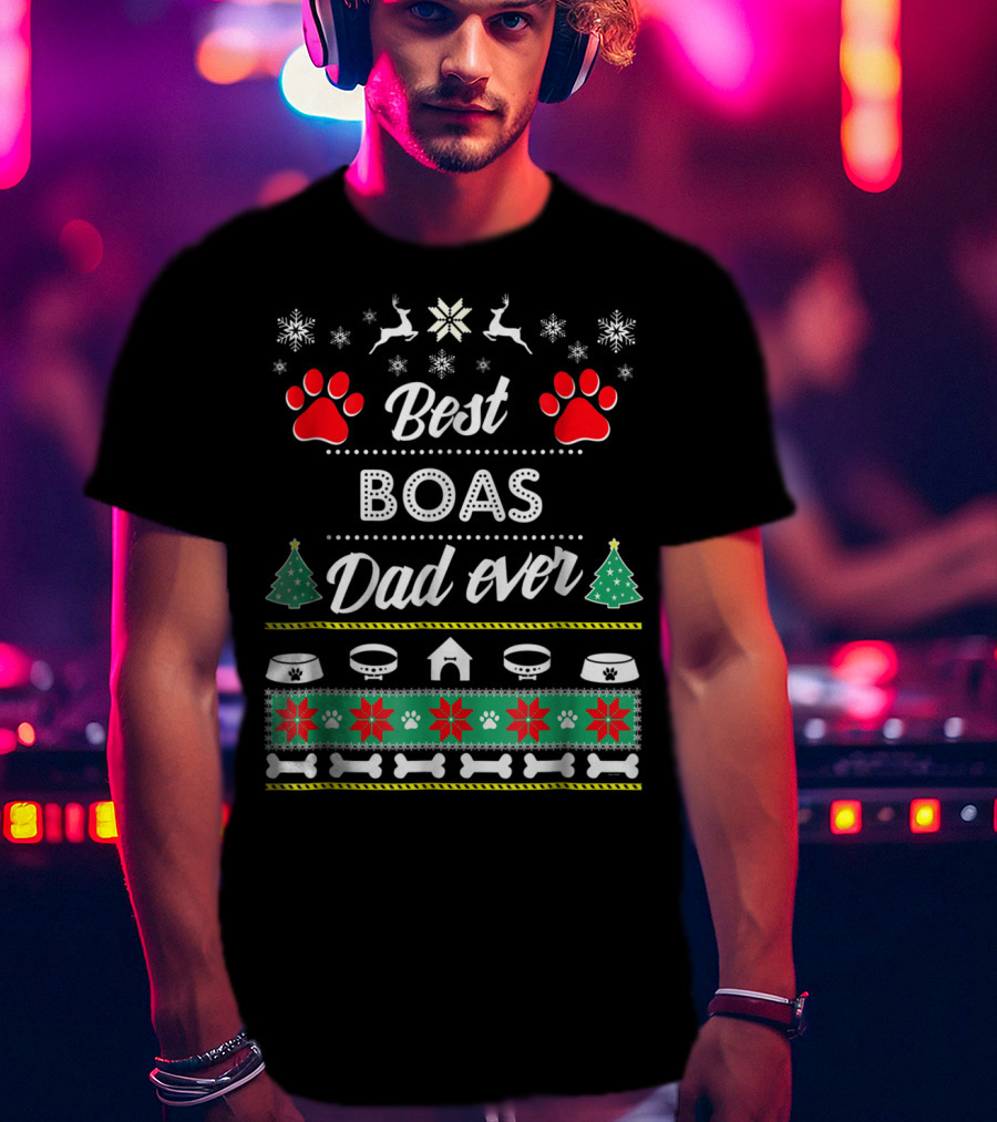 Best Boas Dad Ever Christmas Paw Prints Snowflakes Dog Bowls And Trees T-Shirt