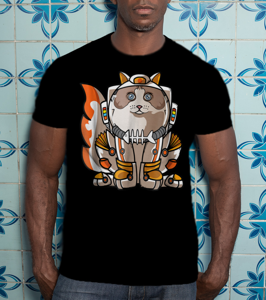 Christmas Space Ragdoll Suit Cat Astronaut With Fish Bone Helmet T-Shirt