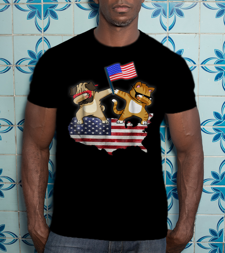 Dad Joke Loading Patriotic Pug And Cat Dabbing With American Flag USA Map T-Shirt