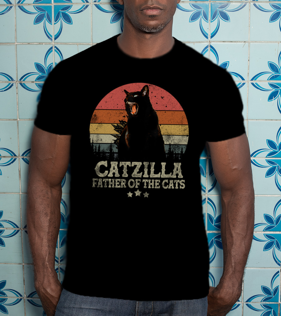 Catzilla Father Of The Cats Retro Sunset Roar T-Shirt