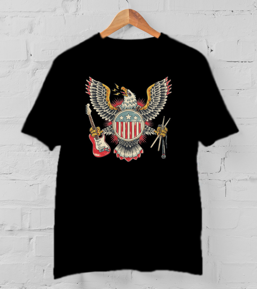 American Rockstar Eagle With Guitar And Drumsticks T-Shirt