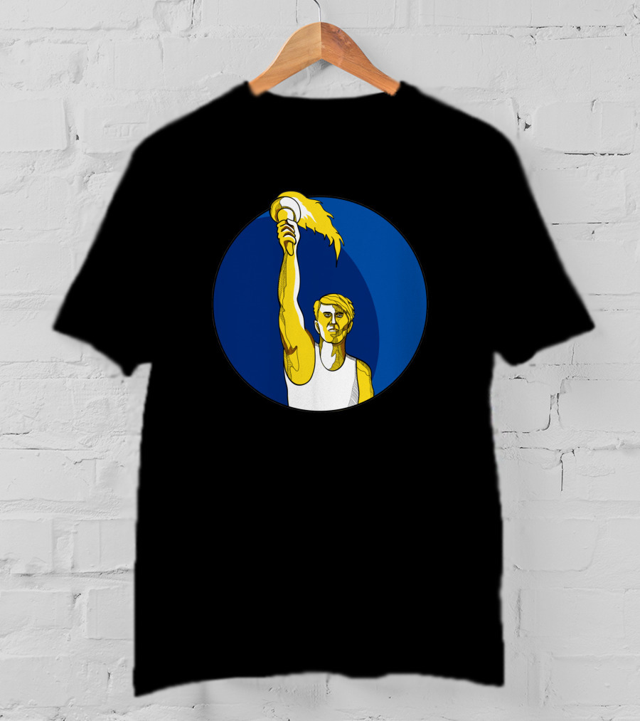 Athlete Holding Flaming Torch In Blue Circle Drawing T-Shirt