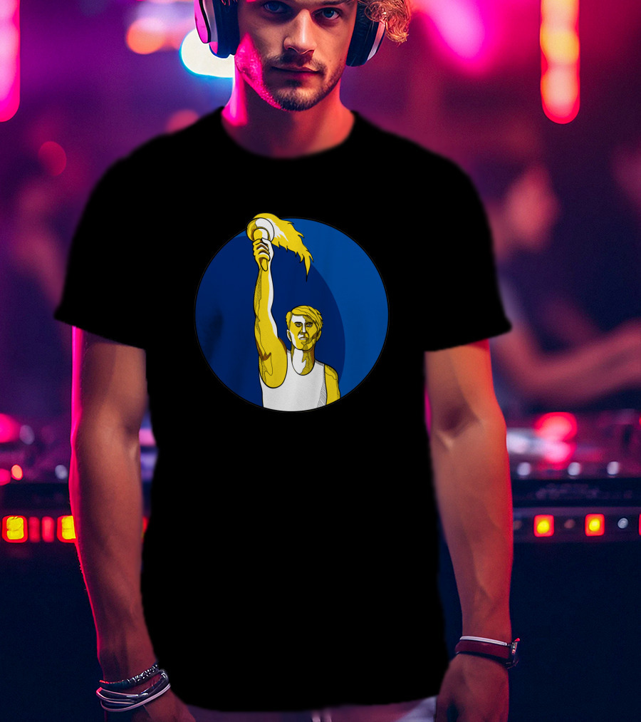 Athlete Holding Flaming Torch In Blue Circle Drawing T-Shirt