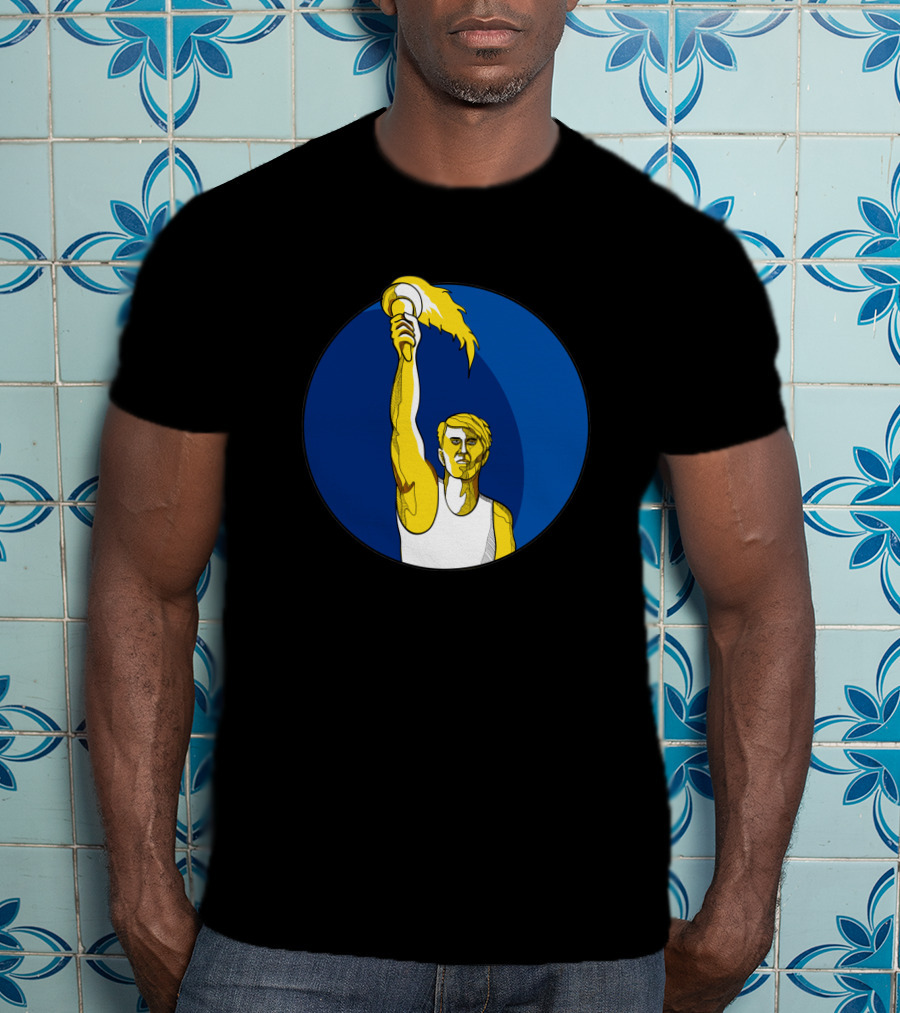 Athlete Holding Flaming Torch In Blue Circle Drawing T-Shirt