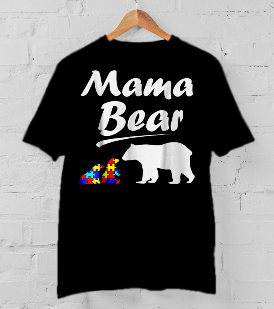 Mama Bear Autism Awareness Mom With Two Puzzle Piece Cubs T-Shirt