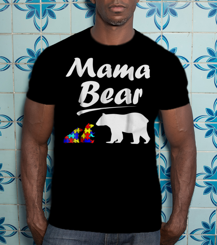 Mama Bear Autism Awareness Mom With Two Puzzle Piece Cubs T-Shirt