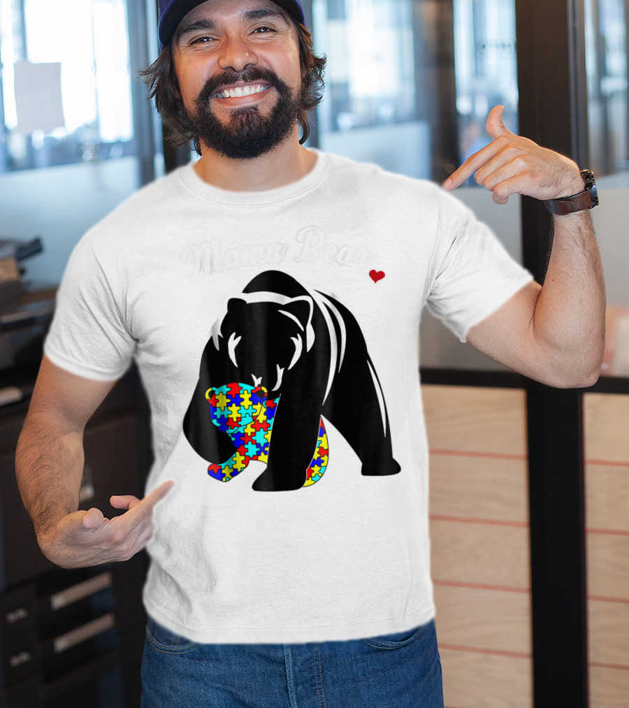 Mama Bear Autism Awareness Love Support Mom Puzzle Heart T-Shirt