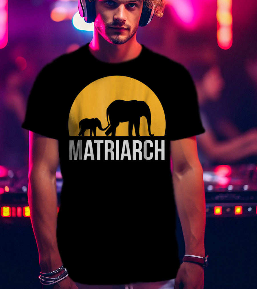 Matriarch Elephant Silhouette With Yellow Sunset Circle T-Shirt