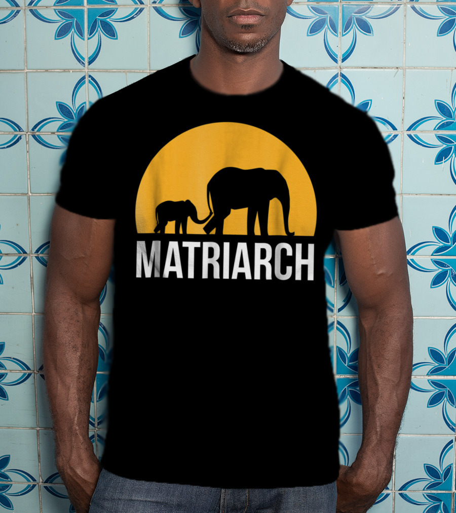 Matriarch Elephant Silhouette With Yellow Sunset Circle T-Shirt