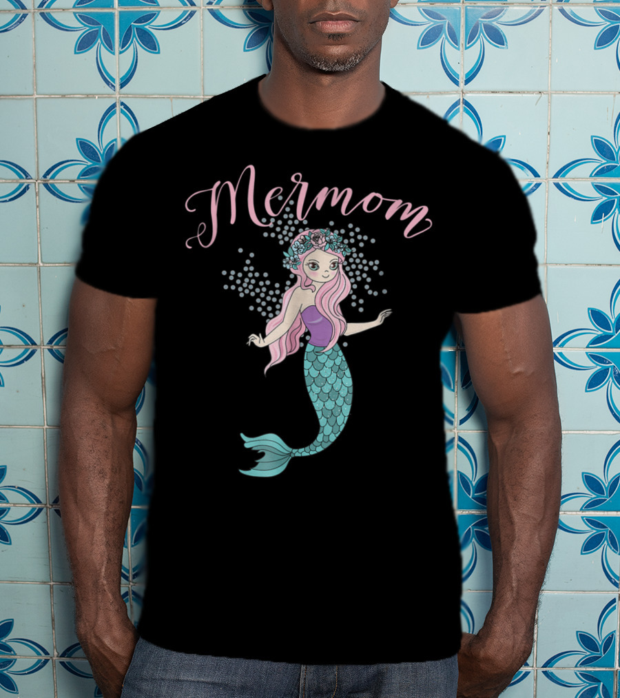 Mermom Mermaid With Pink Hair And Floral Crown T-Shirt