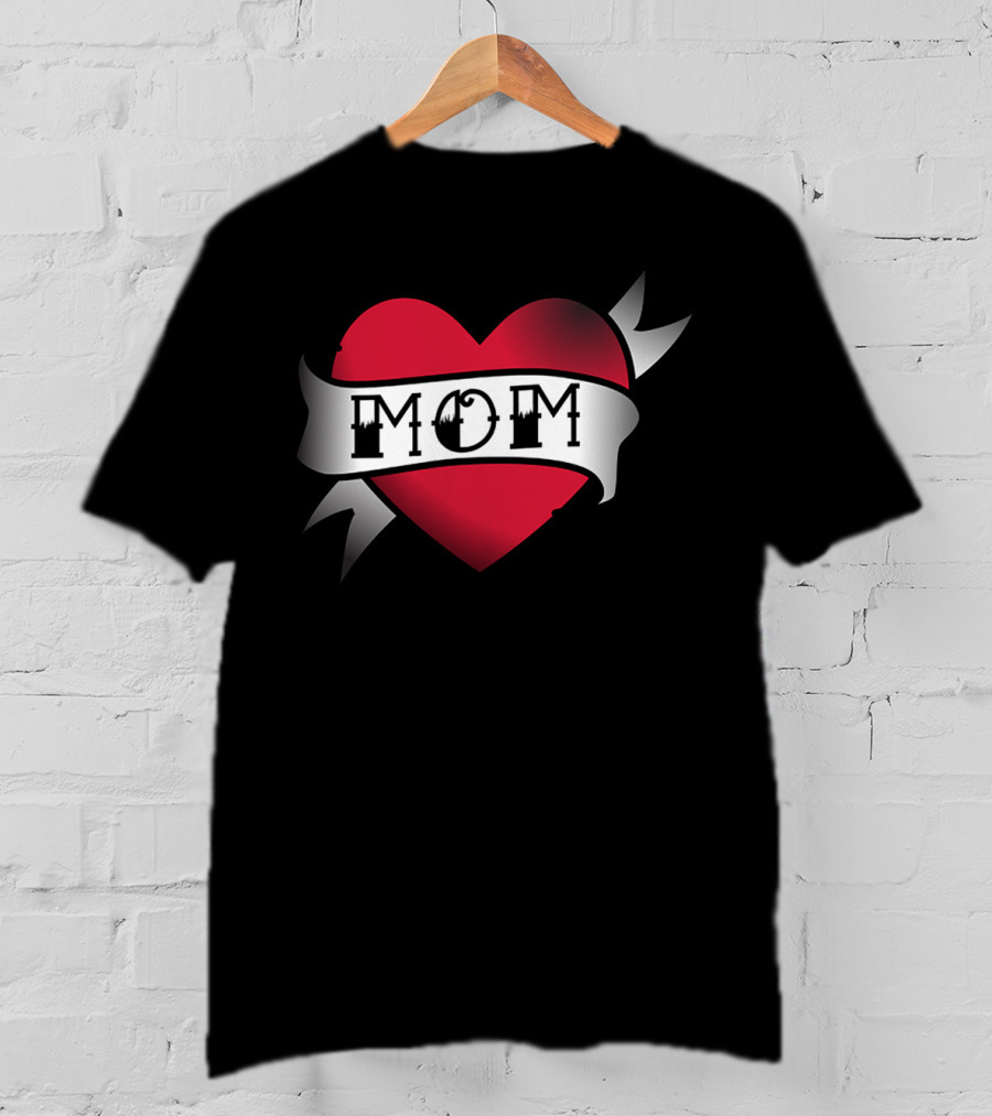 Mom Dark Red Heart Banner Tattoo T-Shirt