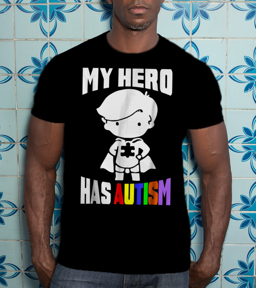 My Hero Has Autism Mom From Son56 Puzzle Cape Hero T-Shirt