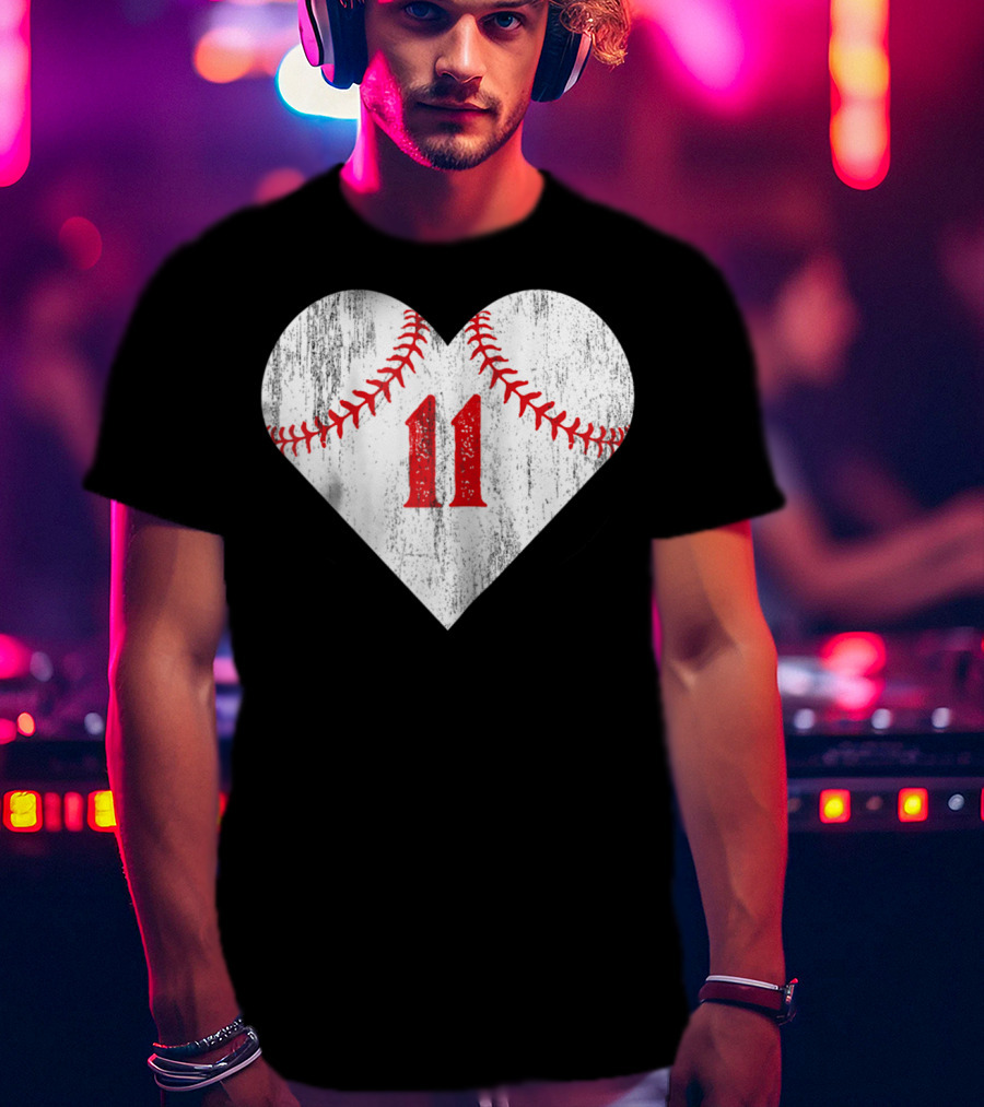 Number 11 Heart Baseball Softball T-Shirt