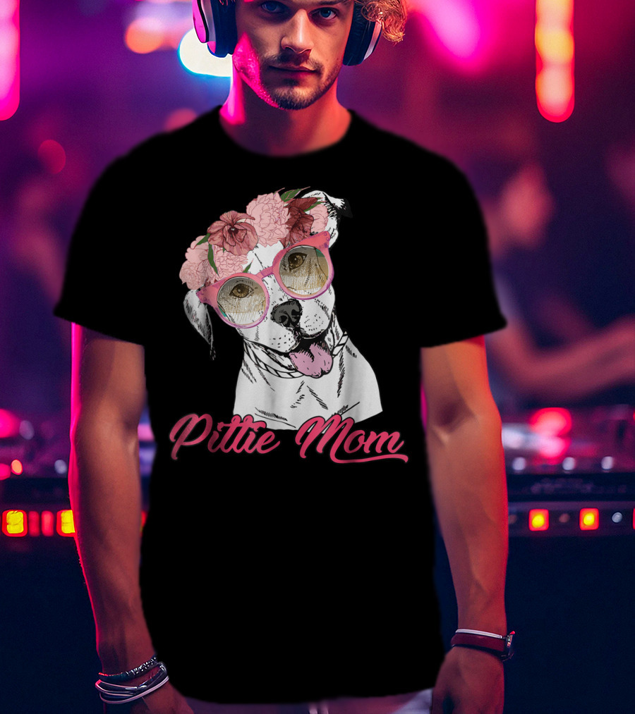 Pittie Mom With Flower Crown And Sunglasses Pitbull T-Shirt