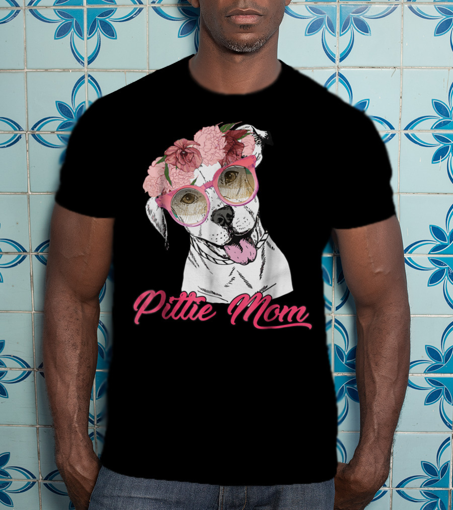 Pittie Mom With Flower Crown And Sunglasses Pitbull T-Shirt