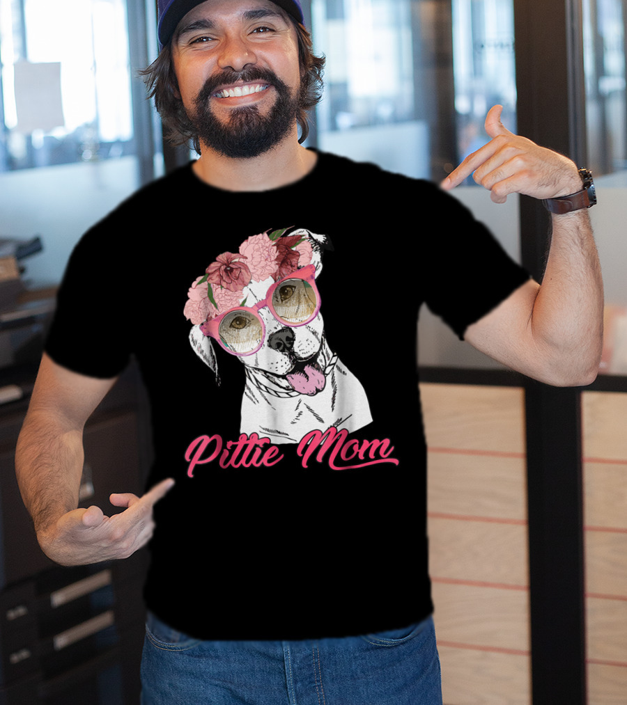 Pittie Mom With Flower Crown And Sunglasses Pitbull T-Shirt