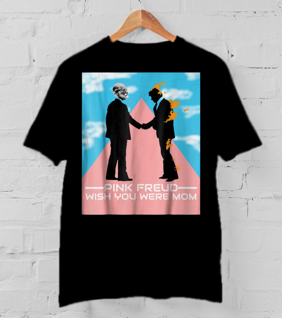 Pink Freud Wish You Were Mom Band Silhouettes On Pink Triangle With Blue Sky Background T-Shirt