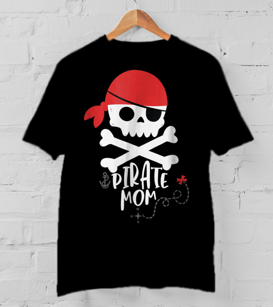 Pirate Mom Skull And Crossbones With Red Bandana Map Anchor T-Shirt