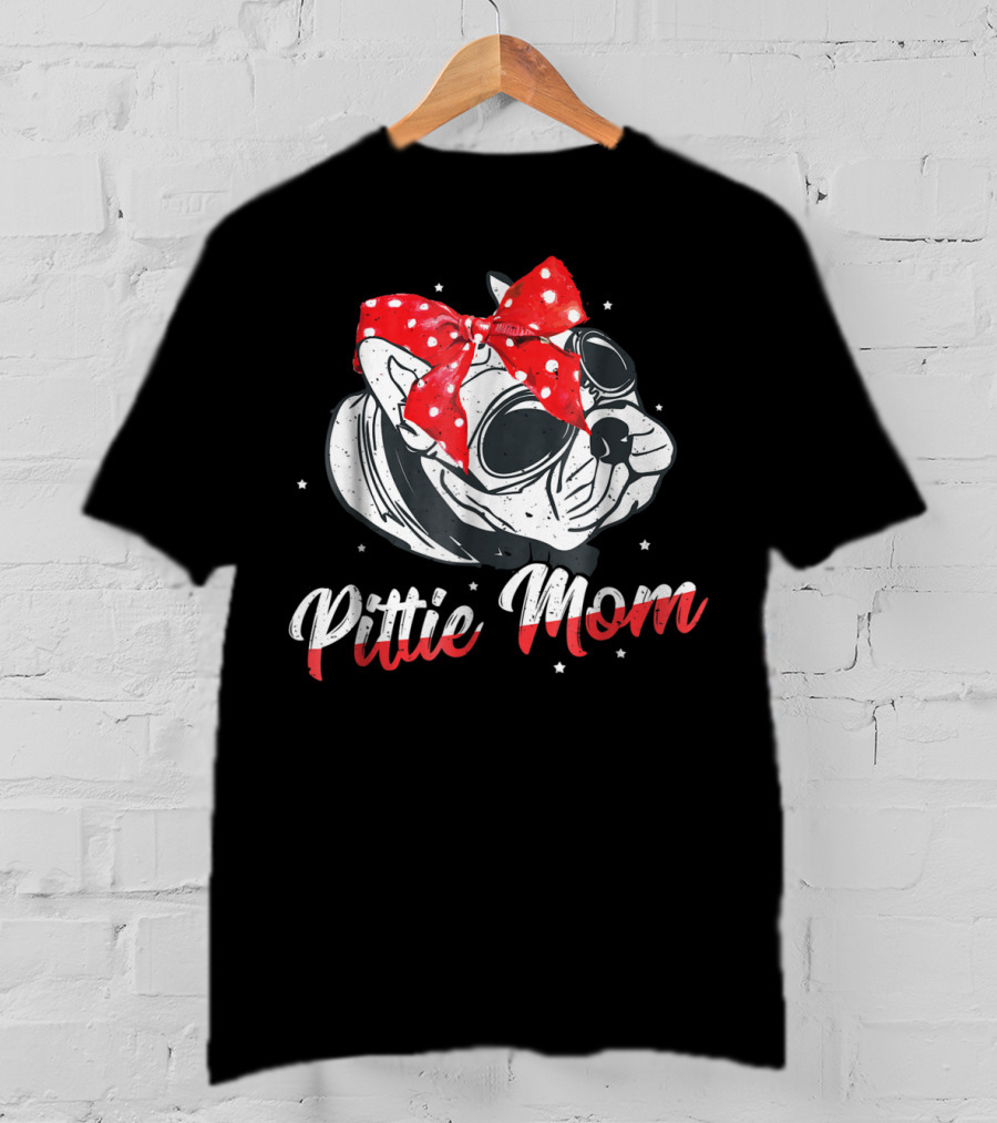 Pittie Mom American Pitbull Dog Lover Red Polka Dot Bow Glasses T-Shirt