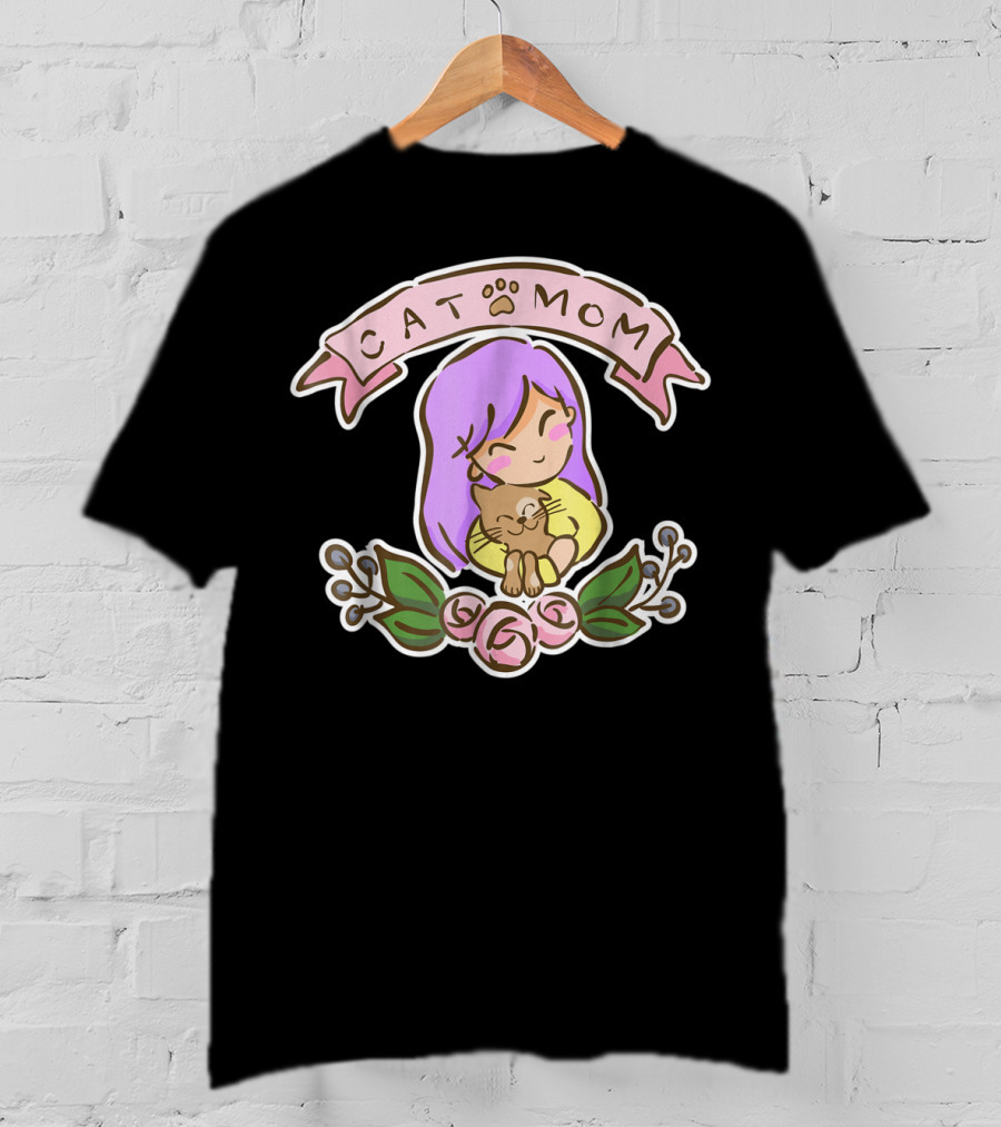 Cat Mom Cute Drawing With Purple Hair And Cat Hug T-Shirt