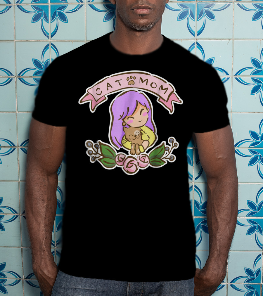 Cat Mom Cute Drawing With Purple Hair And Cat Hug T-Shirt