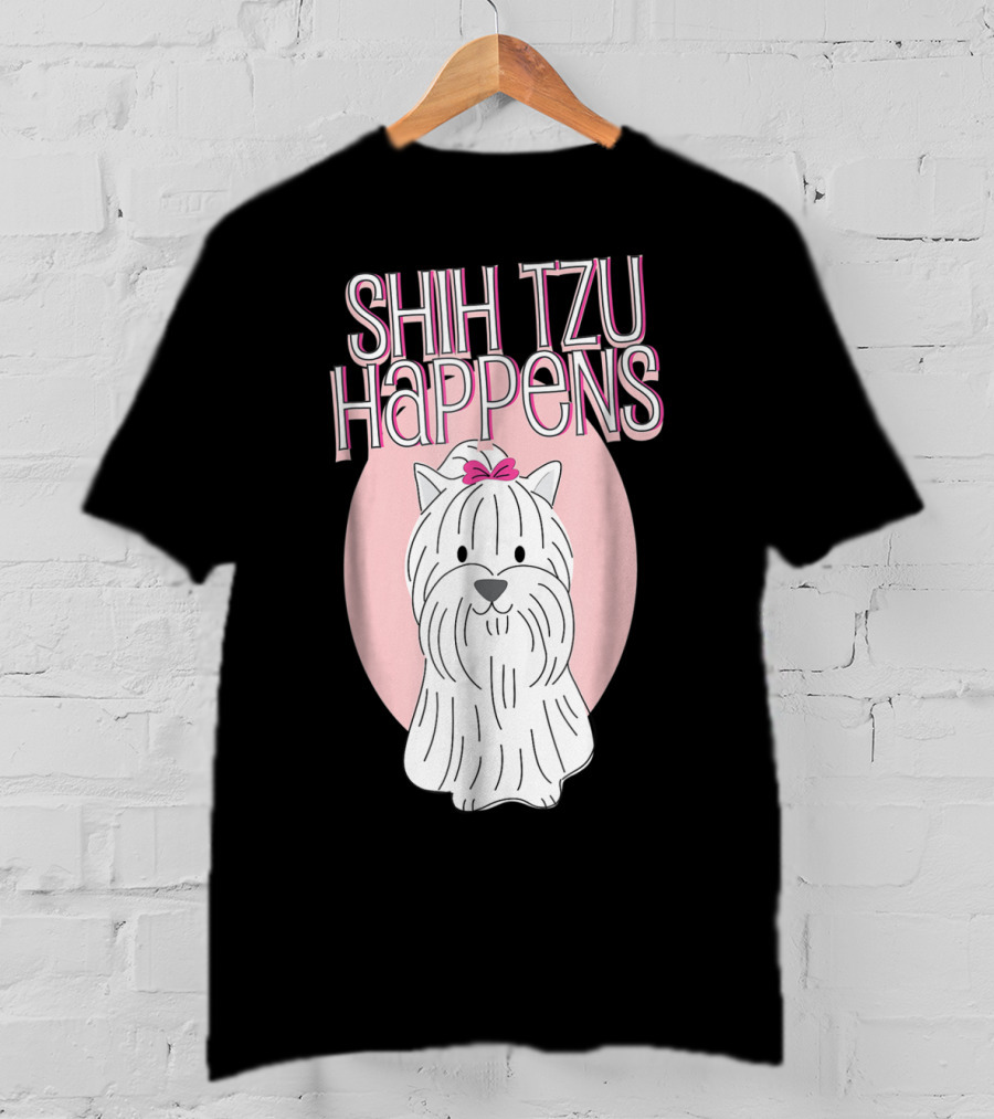 Shih Tzu Happens Dog Pink Bow Oval Background T-Shirt