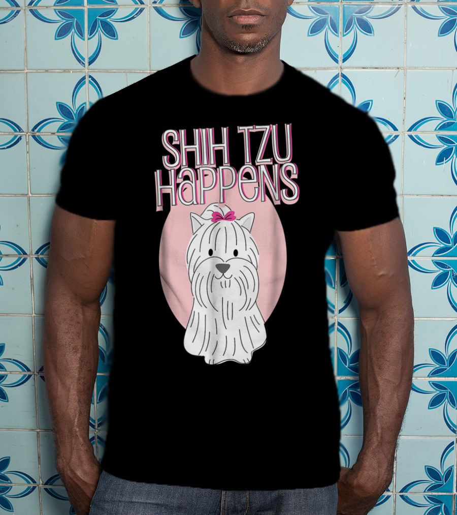 Shih Tzu Happens Dog Pink Bow Oval Background T-Shirt